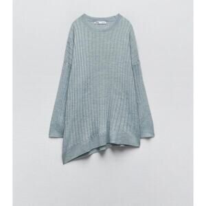 ZARA Ribbed Sweater L-XL Sage Green Slouchy Knit Wool Blend Cozy Luxe Minimal
